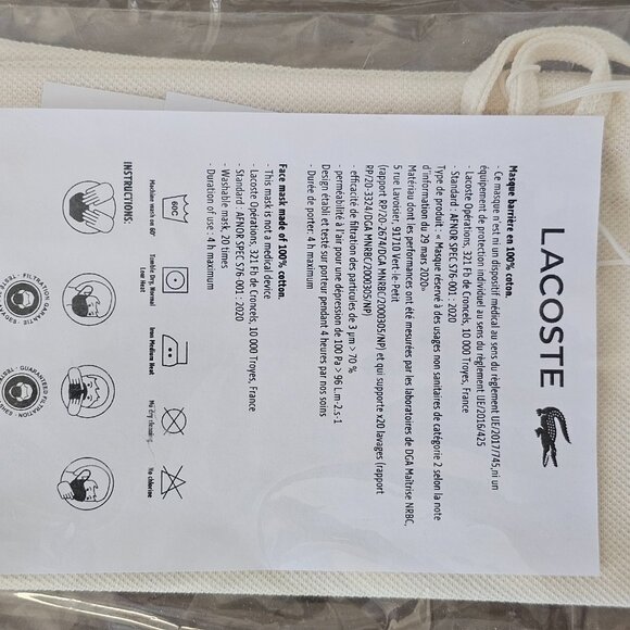 NWT LACOSTE Light Blue Pique Cotton Ear Loop Face Mask W/ Pouch Unisex One Size - Picture 9 of 9